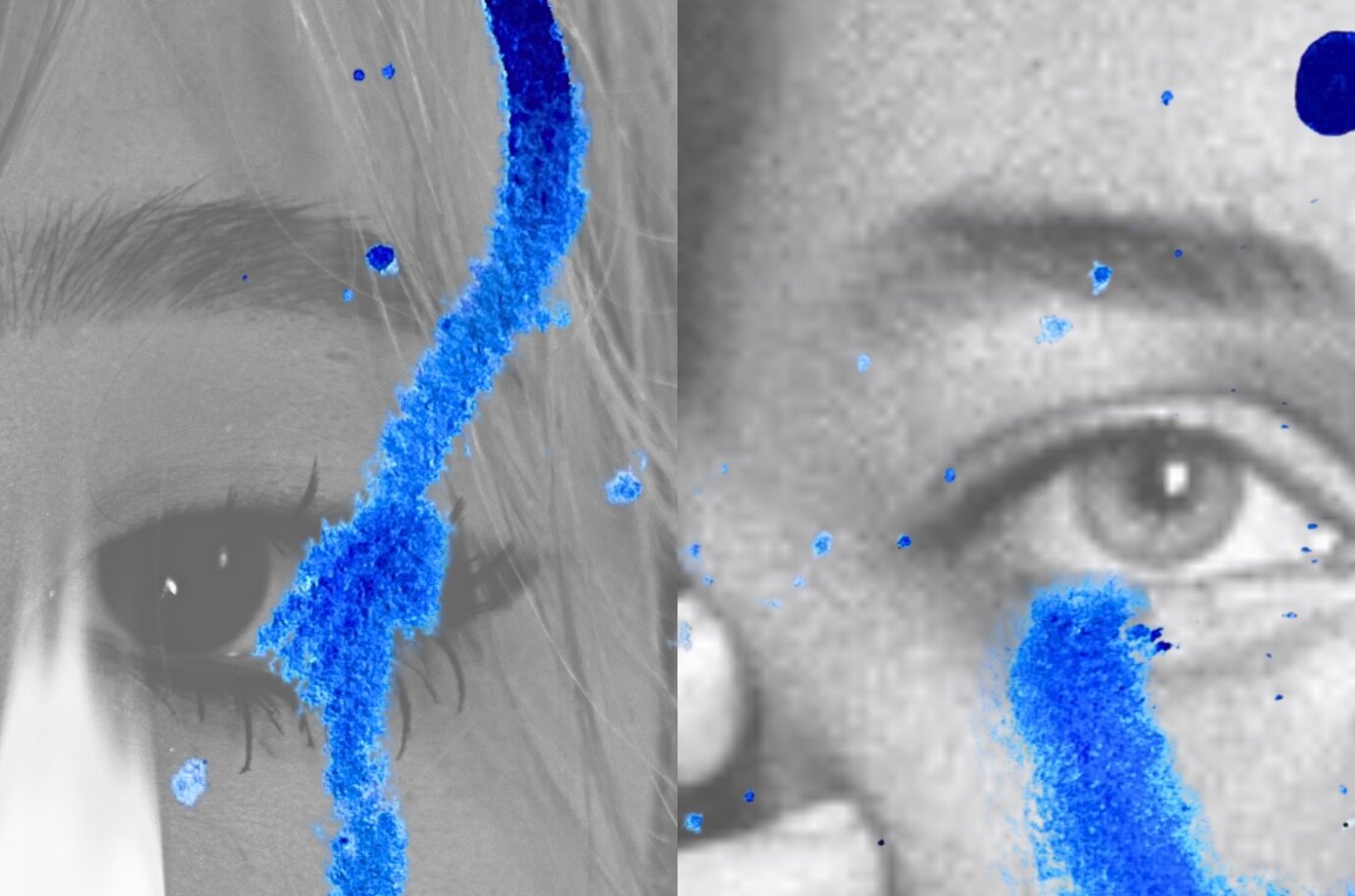 Collage aus zwei Schwarz-Weiss-Fotos mit Nahaufnahmen je eines Auges zweier Frauen. Die Fotos sind mit blauen Farblinien und Farbtropfen überzogen
