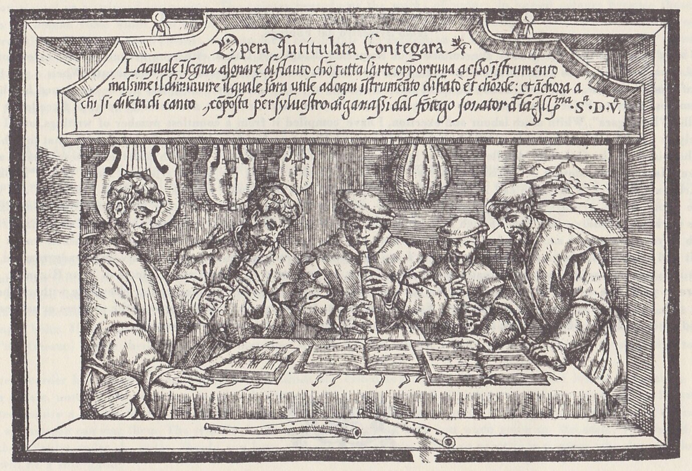 Titelblatt des Lehrwerks «Opera Intitulata Fontegara» (1535) im Stil einer Radierung. Blockflötisten spielen gemeinsam mit Sängern an einem Tisch